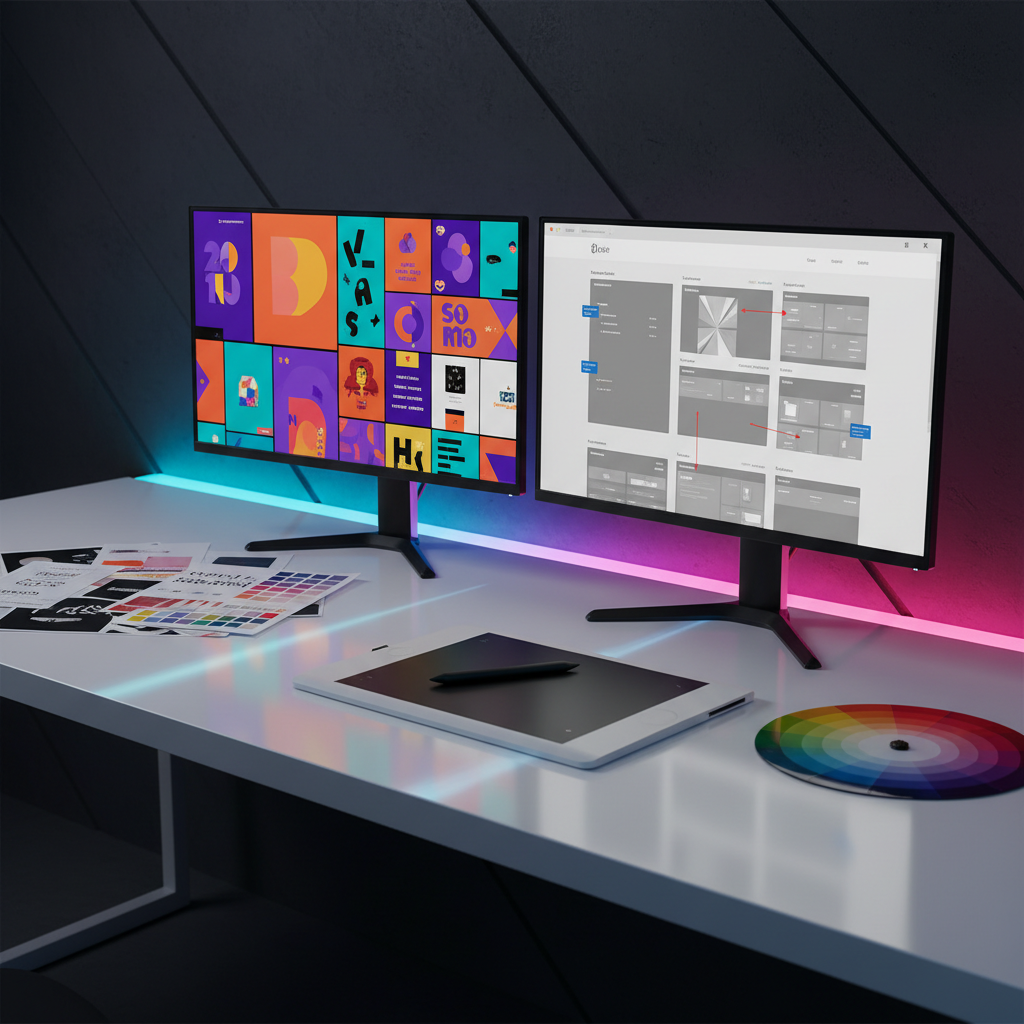 An ultra-clean, dual-monitor design workstation set against a dark, matte wall with a subtle embossed diagonal pattern, suggesting motion and growth. One monitor displays a bold, colorful social media campaign grid; the other shows a detailed website wireframe in grayscale with strategic annotations. A graphic tablet with a stylus, a stack of printed mood boards, and a high-gloss color wheel rest on a pristine white desk, creating a strong visual contrast. Cool, directional LED strip lighting runs along the back edge of the desk, casting a neon-like glow that transitions from electric blue to hot pink, with controlled reflections on the glossy surfaces. Captured from a slightly elevated three-quarter angle, with medium depth of field, the photographic realism and dynamic, high-contrast lighting evoke innovation, speed, and cutting-edge digital design expertise.