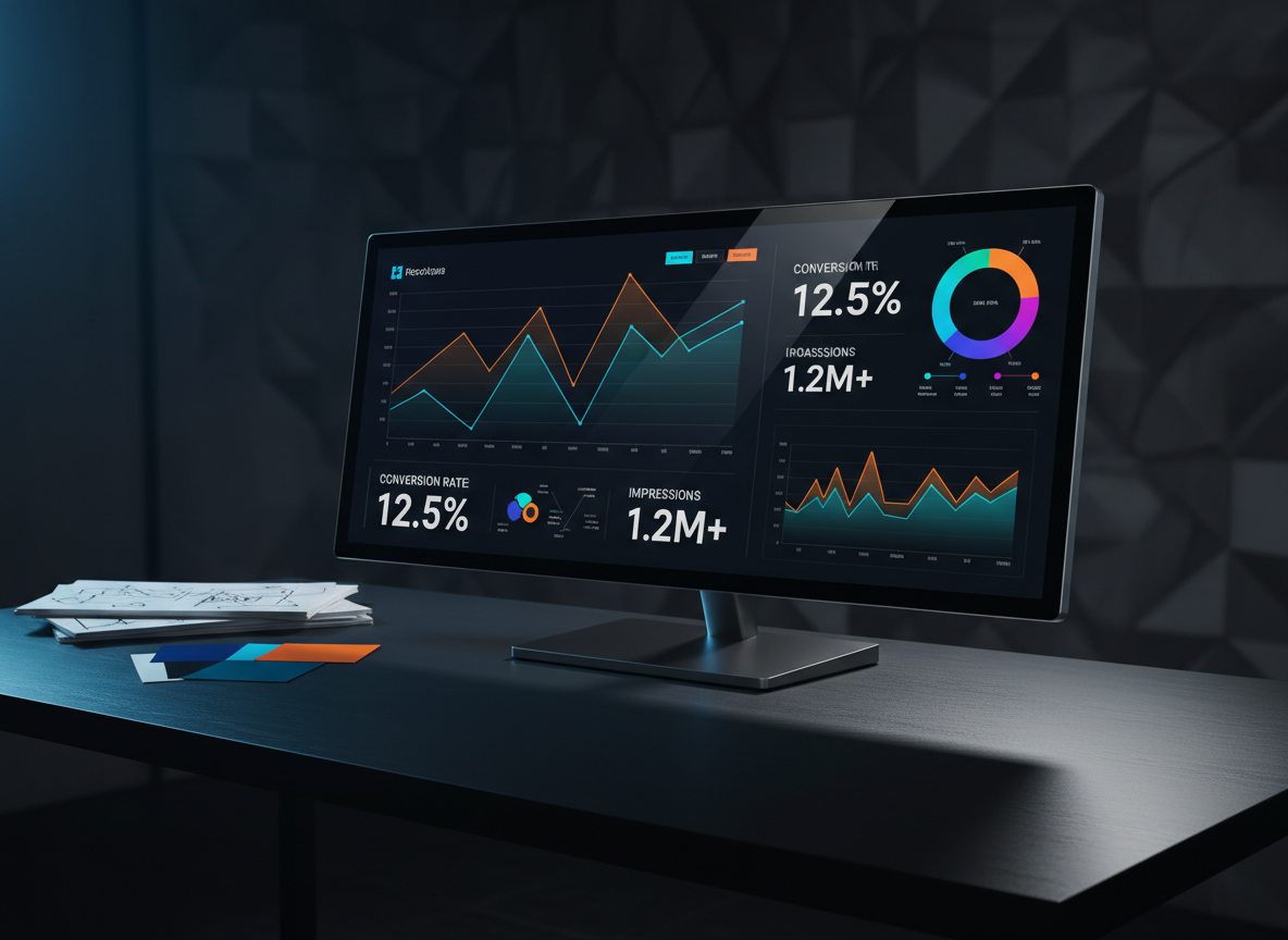 A bold, ultra-modern digital marketing dashboard displayed on a sleek, frameless 34-inch ultrawide monitor with razor-sharp graphs, vibrant campaign analytics, and colorful performance metrics. The monitor sits on a matte black desk with a subtle texture, flanked by neatly arranged design sketches and a few Pantone color swatches. Cool, directional studio lighting from the left creates bright highlights along the monitor edge and gentle shadows across the desk surface. The background fades into a softly blurred, dark studio wall with faint geometric patterns. Shot at eye level with a slightly wide angle, the composition emphasizes clarity, power, and precision. Photographic realism with a clean, high-contrast aesthetic underscores an energetic, data-driven atmosphere perfect for a cutting-edge digital marketing agency homepage hero image.