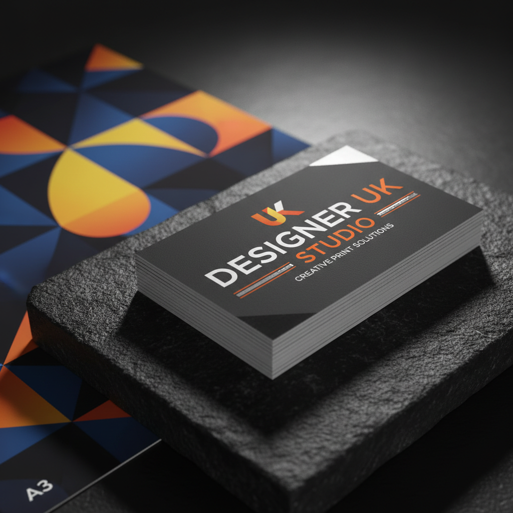 A striking close-up of a thick, matte-finished business card set for “Designer UK Studio,” resting on a textured black stone surface. The cards feature bold typography in bright white and vivid orange, with spot-gloss accents catching the light, and crisp, flawlessly cut edges. A partially visible, vibrant A3 poster with geometric shapes and a dramatic gradient peeks from the side, hinting at creative print capabilities. Focused studio lighting from above and slightly behind creates sharp, graphic shadows and a subtle rim light along the card edges, amplifying depth and luxury. Shot from a low, angled macro perspective with shallow depth of field, the foreground card is razor sharp while the background softly blurs. The photographic, high-impact composition and contrast-rich style emphasize premium print design and a confident, contemporary brand identity.