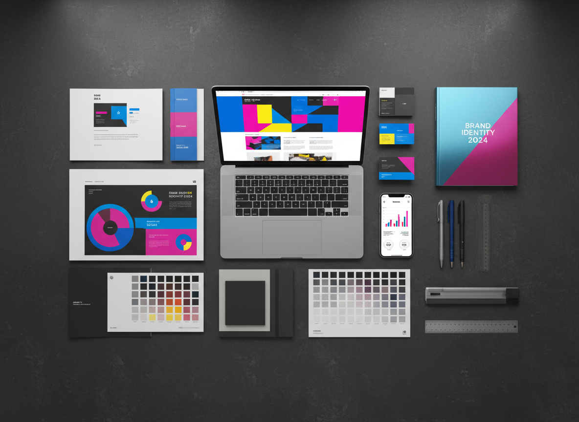 A meticulously arranged flat lay of digital marketing and print design tools on a deep charcoal tabletop with a subtle concrete texture. Centered is a high-end laptop displaying a bold, colorful website layout, surrounded by neatly aligned print proofs, thick paper stock samples, CMYK color charts, and a glossy, spiral-bound brand guideline book. A smartphone shows social media analytics, and a set of metallic pens and a steel ruler add industrial precision. Overhead softbox studio lighting creates even, diffused illumination with crisp, controlled shadows that define each object. The mood is bold, organized, and highly professional, with saturated accents of electric blue and neon magenta. Captured from a true top-down, bird’s-eye view with sharp focus across the frame, in a photographic realism style that communicates premium, comprehensive digital and print design services.