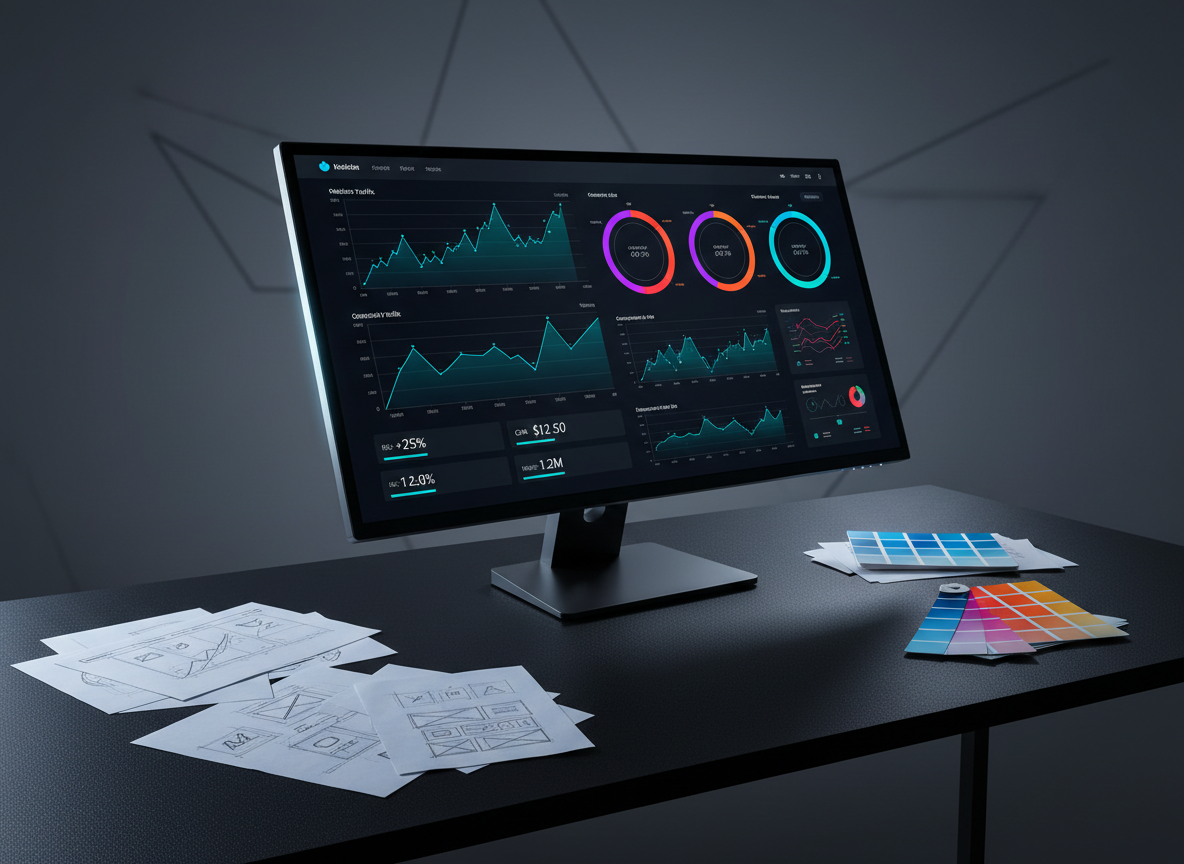 A bold, ultra-modern digital marketing dashboard displayed on a sleek, frameless 34-inch ultrawide monitor with razor-sharp graphs, vibrant campaign analytics, and colorful performance metrics. The monitor sits on a matte black desk with a subtle texture, flanked by neatly arranged design sketches and a few Pantone color swatches. Cool, directional studio lighting from the left creates bright highlights along the monitor edge and gentle shadows across the desk surface. The background fades into a softly blurred, dark studio wall with faint geometric patterns. Shot at eye level with a slightly wide angle, the composition emphasizes clarity, power, and precision. Photographic realism with a clean, high-contrast aesthetic underscores an energetic, data-driven atmosphere perfect for a cutting-edge digital marketing agency homepage hero image.