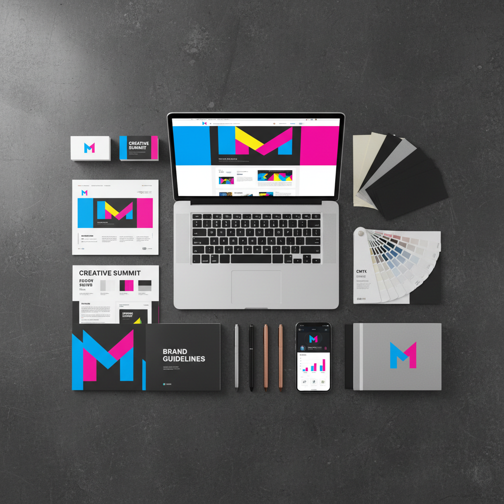 A meticulously arranged flat lay of digital marketing and print design tools on a deep charcoal tabletop with a subtle concrete texture. Centered is a high-end laptop displaying a bold, colorful website layout, surrounded by neatly aligned print proofs, thick paper stock samples, CMYK color charts, and a glossy, spiral-bound brand guideline book. A smartphone shows social media analytics, and a set of metallic pens and a steel ruler add industrial precision. Overhead softbox studio lighting creates even, diffused illumination with crisp, controlled shadows that define each object. The mood is bold, organized, and highly professional, with saturated accents of electric blue and neon magenta. Captured from a true top-down, bird’s-eye view with sharp focus across the frame, in a photographic realism style that communicates premium, comprehensive digital and print design services.