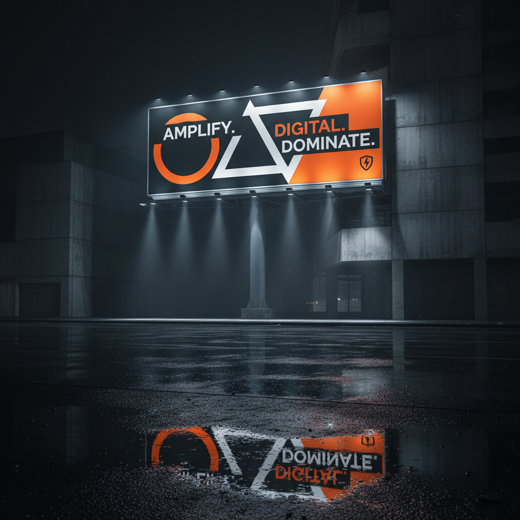 A dramatic, large-format billboard mockup for a digital marketing campaign towering over a dark, rain-slicked urban street at night, devoid of people or vehicles. The billboard features a bold, minimalist design with large geometric shapes, sharp typography, and a high-contrast color palette of black, white, and neon orange. Powerful spotlights illuminate the billboard, causing vivid reflections in the wet asphalt below and casting long, angular shadows on the adjacent concrete buildings. A fine mist hangs in the air, catching stray light and adding atmosphere. Shot from a low-angle, wide-lens perspective, the image emphasizes the scale and impact of out-of-home advertising. Photographic realism with cinematic contrast, crisp detail, and a moody, high-energy ambiance conveys the strength of integrated digital and print campaigns for ambitious brands.