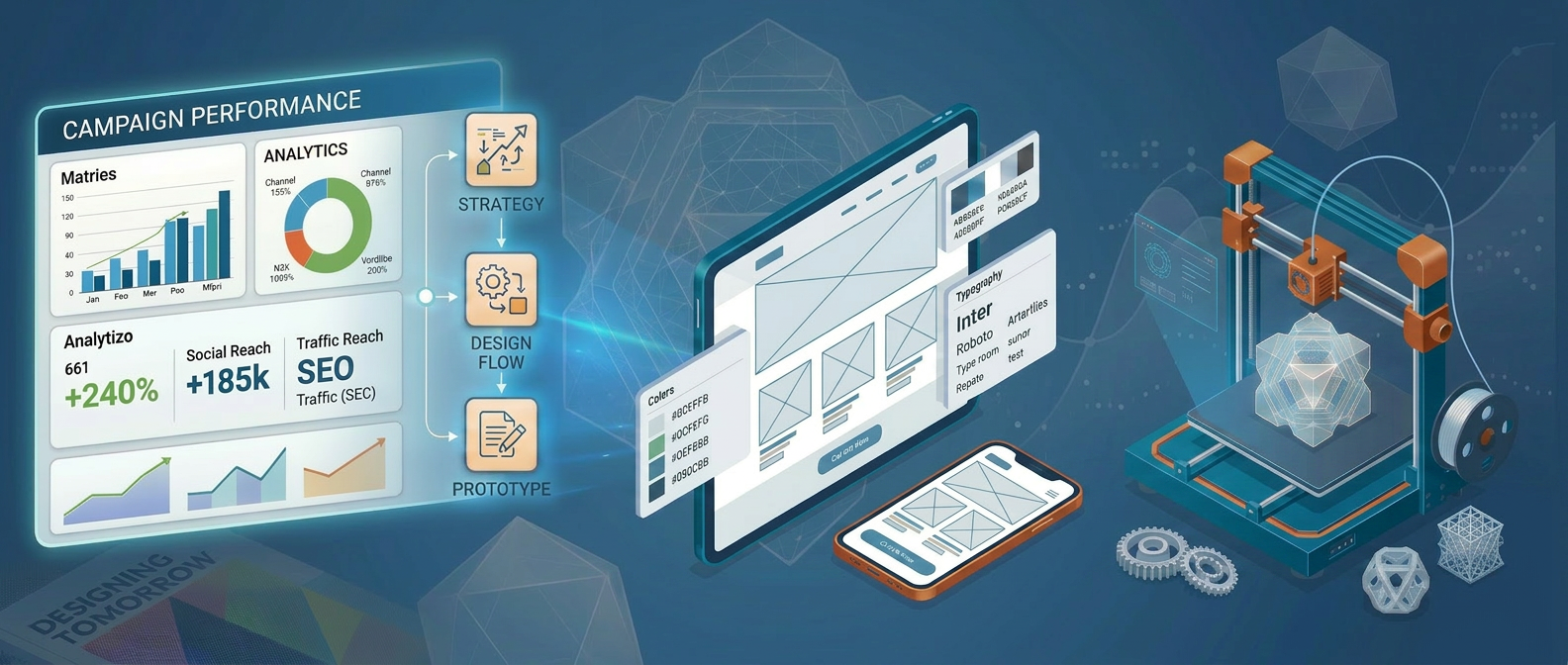 Team working on computer models and marketing data with 3D printer and charts